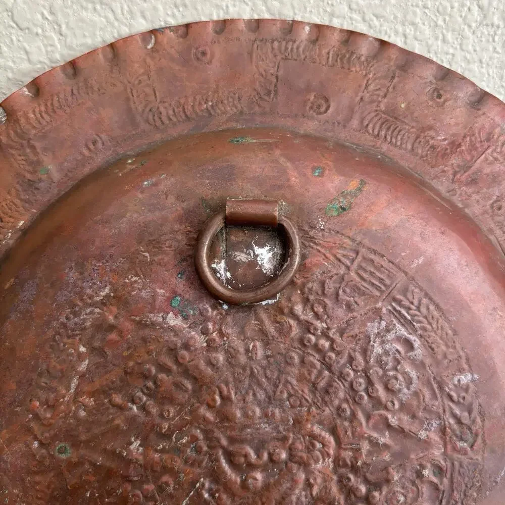 Antique Vintage Solid Copper Decorative Plate Mayan Aztec with Patina Home Decor